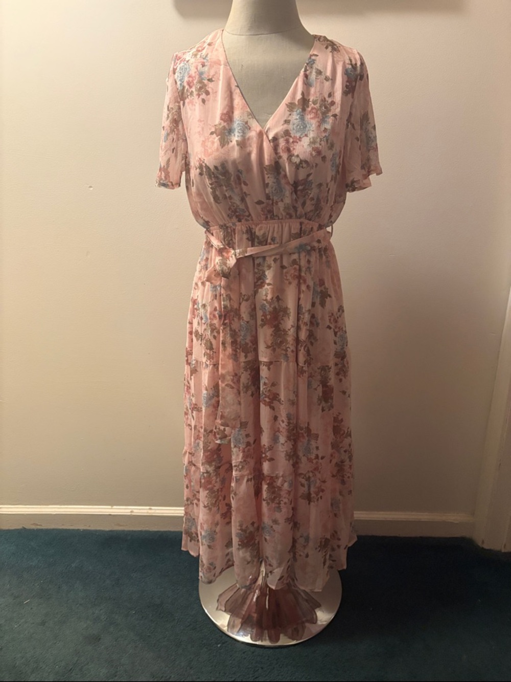 Soft Pink Floral Wrap Midi Dress with Waist Tie